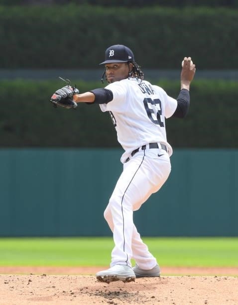 Jose Urena of the Detroit Tigers pitches during game one of a doubleheader against the Minnesota Twins at Comerica Park on July 17, 2021 in Detroit,...