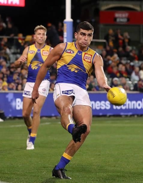 Tom Cole of the Eagles kicks the ball during the 2021 AFL Round 18 match between the Adelaide Crows and the West Coast Eagles at Adelaide Oval on...