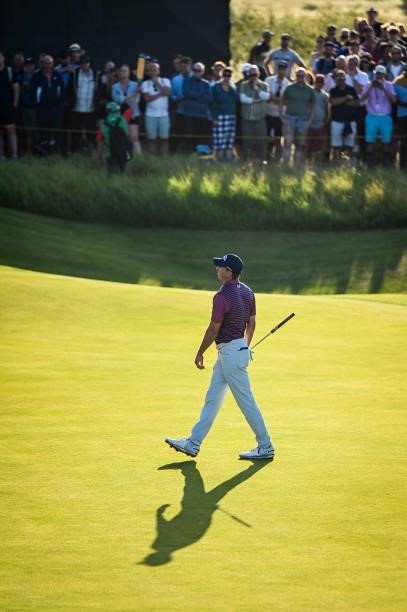 Jordan Spieth reacts after missing a putt on the 16th hole green during Day Two of the 149th The Open Championship at Royal St. Georges Golf Club on...