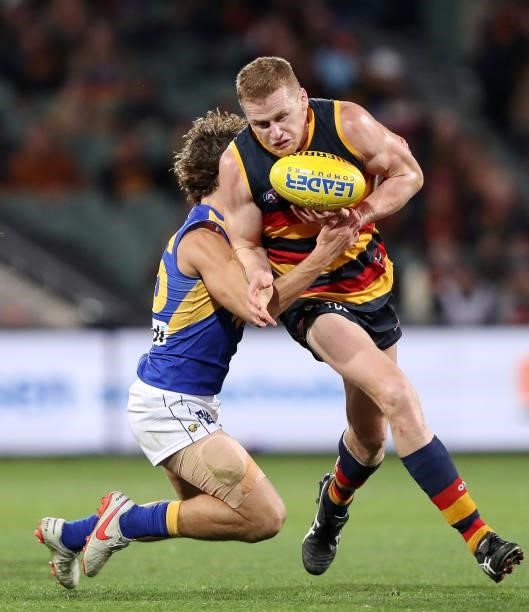 Reilly O'Brien of the Crows under pressure from Connor West of the West Coast Eagles during the 2021 AFL Round 18 match between the Adelaide Crows...