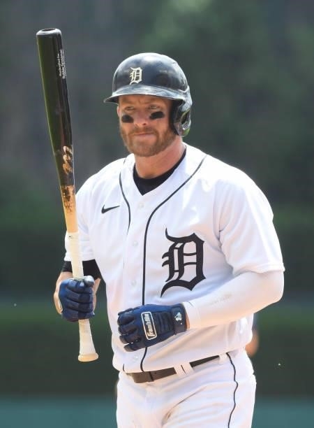 Robbie Grossman of the Detroit Tigers looks on while batting during game one of a doubleheader against the Minnesota Twins at Comerica Park on July...
