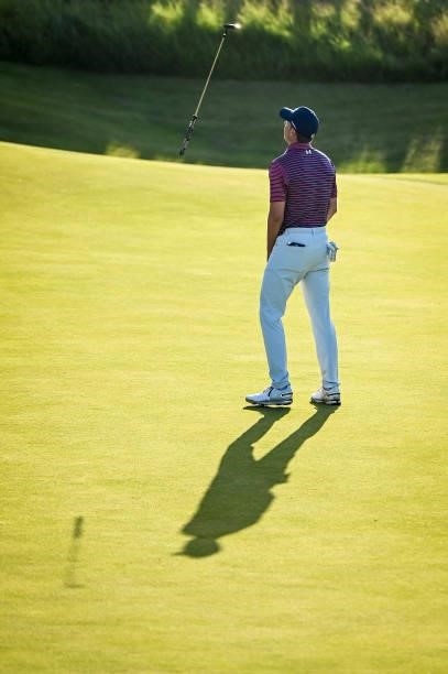 Jordan Spieth tosses his putter in the air after missing a putt on the 16th hole green during Day Two of the 149th The Open Championship at Royal St....