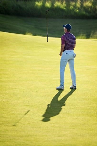 Jordan Spieth tosses his putter in the air after missing a putt on the 16th hole green during Day Two of the 149th The Open Championship at Royal St....