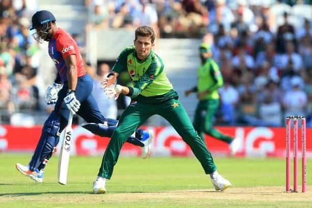 Pakistan's Shaheen Shah Afridi fields during the second T20 international cricket match between England and Pakistan at Headingley Cricket Ground in...