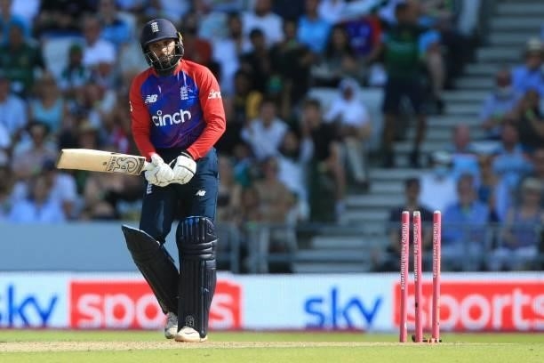 England's Adil Rashid is bowled out by Pakistan's Haris Rauf during the second T20 international cricket match between England and Pakistan at...