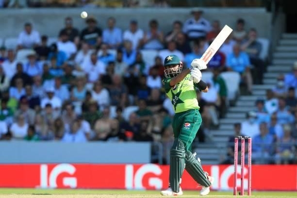 Pakistan's Babar Azam hits a four during the second T20 international cricket match between England and Pakistan at Headingley Cricket Ground in...