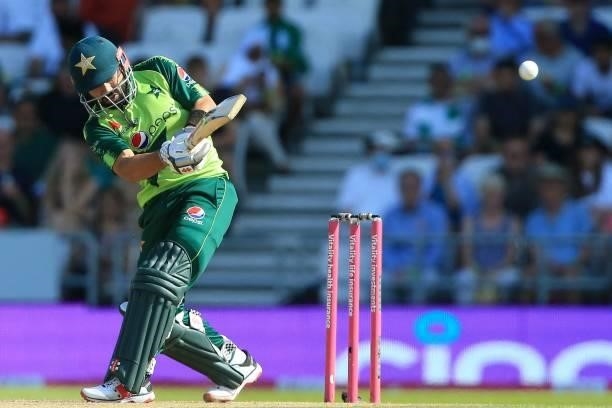 Pakistan's Mohammad Rizwan hits a shot during the second T20 international cricket match between England and Pakistan at Headingley Cricket Ground in...