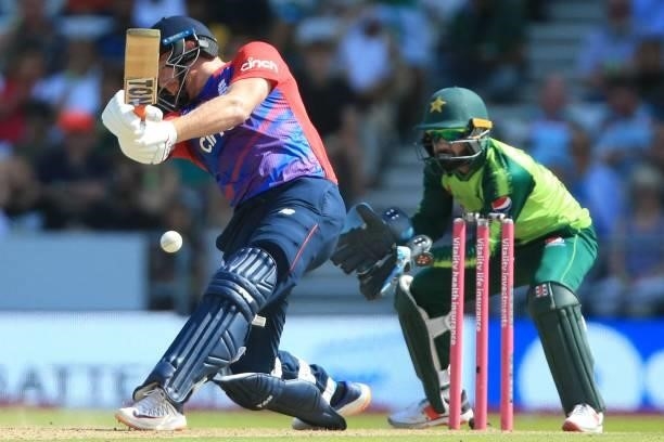 England's Jonny Bairstow plays a shot during the second T20 international cricket match between England and Pakistan at Headingley Cricket Ground in...