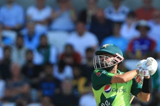 Pakistan's Babar Azam watches his shot go high as he is caught out during the second T20 international cricket match between England and Pakistan at...