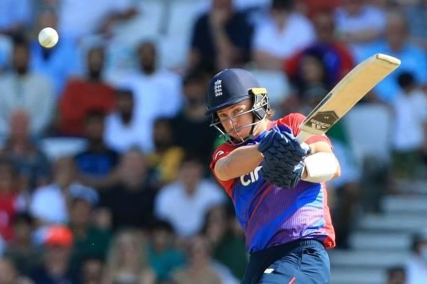 England's Tom Curran hits a shot during the second T20 international cricket match between England and Pakistan at Headingley Cricket Ground in...