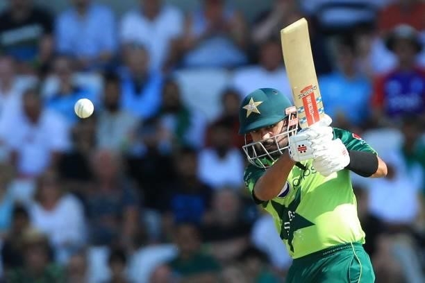 Pakistan's Babar Azam hits a four during the second T20 international cricket match between England and Pakistan at Headingley Cricket Ground in...