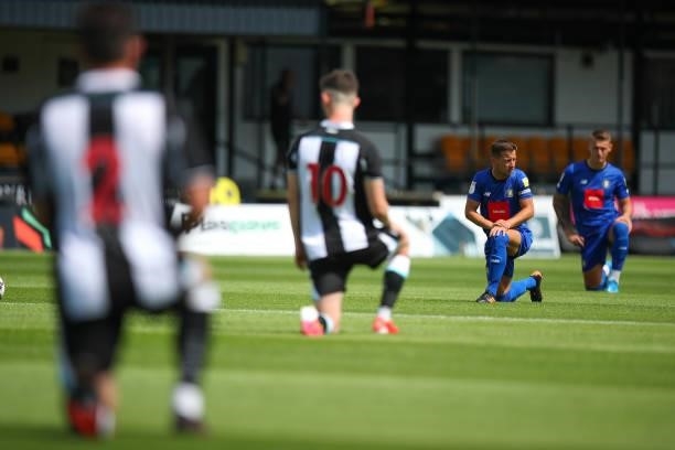 Players of both teams take the knee during the Pre Season Friendly between Harrogate Town and Newcastle United at The EnviroVent Stadium on July 18,...