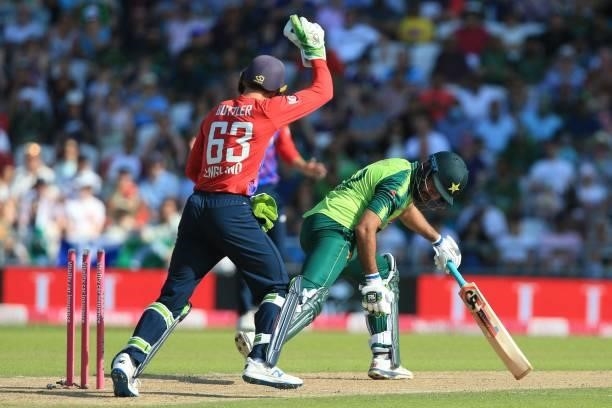 Pakistan's Sohaib Maqsood is stumped out by England's Jos Buttler off the bowling of England's Adil Rashid during the second T20 international...