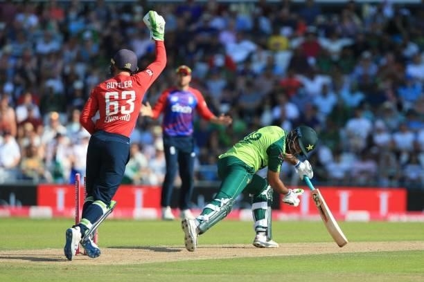 Pakistan's Sohaib Maqsood is stumped out by England's Jos Buttler off the bowling of England's Adil Rashid during the second T20 international...