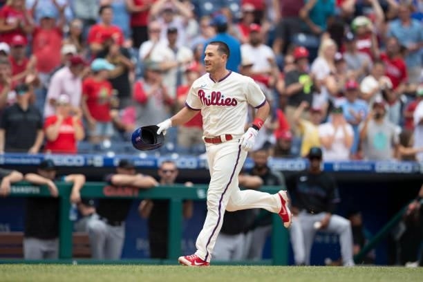 Realmuto of the Philadelphia Phillies reacts after hitting a walk-off two-run home run in the bottom of the tenth inning against the Miami Marlins at...