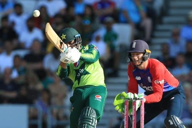 Pakistan's Shadab Khan plays a shot during the second T20 international cricket match between England and Pakistan at Headingley Cricket Ground in...