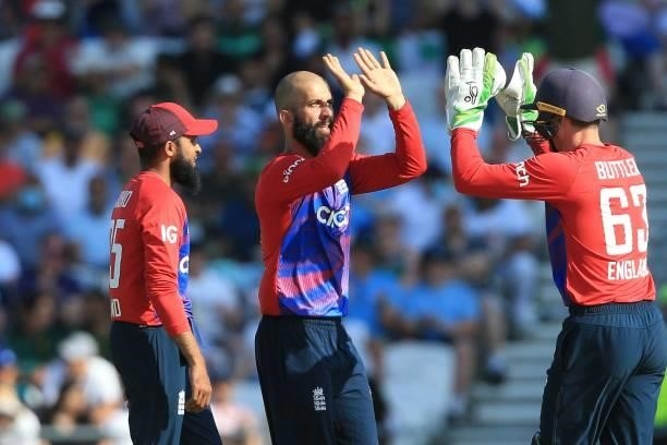 England's Moeen Ali celebrates bowling out Pakistan's Fakhar Zaman during the second T20 international cricket match between England and Pakistan at...