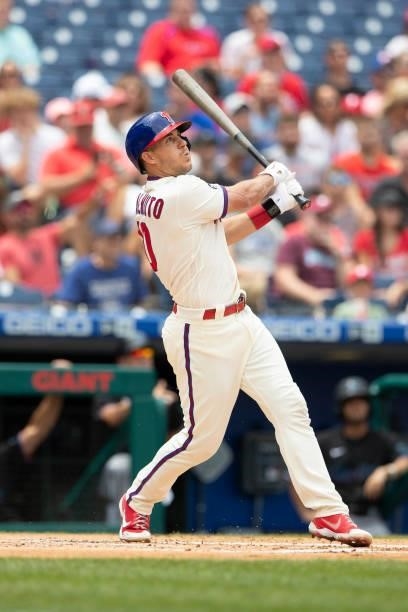 Realmuto of the Philadelphia Phillies hits a walk-off two-run home run in the bottom of the tenth inning against the Miami Marlins at Citizens Bank...