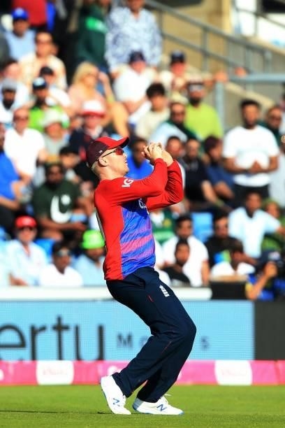 England's Jason Roy takes a catch to dismiss Pakistan's Imad Wasim during the second T20 international cricket match between England and Pakistan at...
