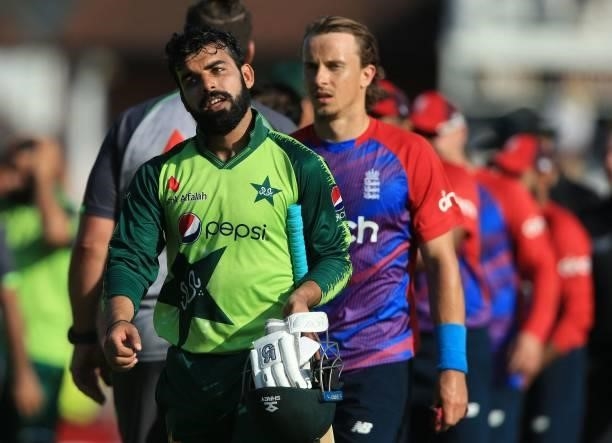 Players including Pakistan's Shadab Khan leave the field after England won the second T20 international cricket match between England and Pakistan at...