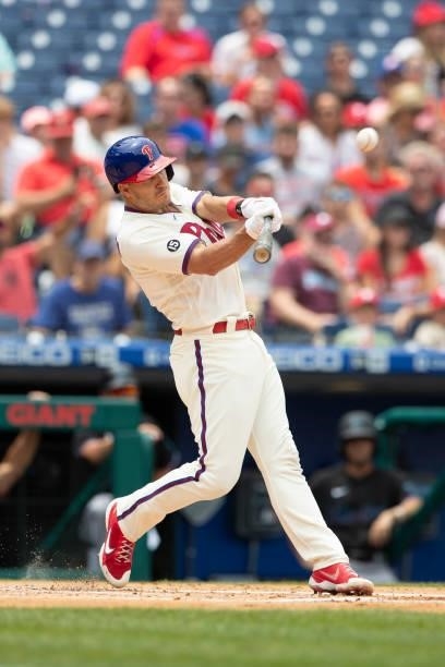 Realmuto of the Philadelphia Phillies hits a walk-off two run home run in the bottom of the tenth inning against the Miami Marlins at Citizens Bank...