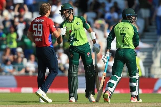 Pakistan's Imad Wasim congratulates England's Tom Curran after England won the second T20 international cricket match between England and Pakistan at...