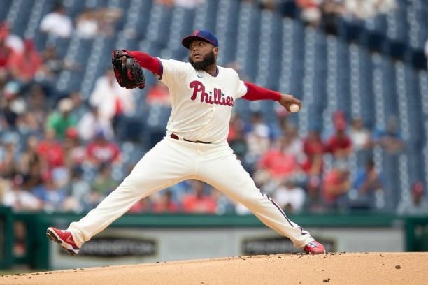 Jose Alvarado of the Philadelphia Phillies throws a pitch in the top of the tenth inning against the Miami Marlins at Citizens Bank Park on July 18,...