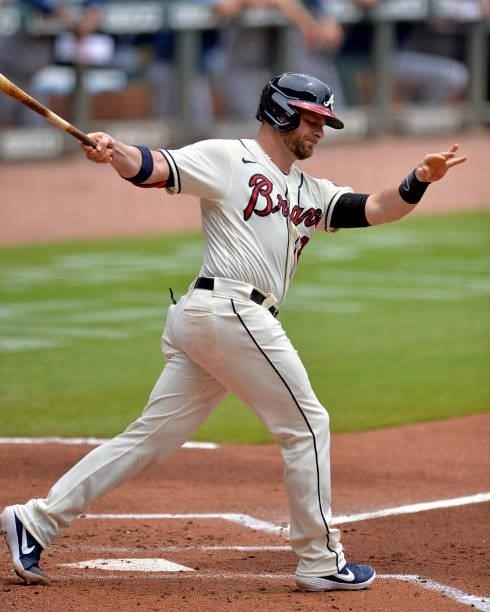 Stephen Vogt of the Atlanta Braves strikes out in his first at-bat as an Atlanta Brave in the second inning against the Tampa Bay Rays at Truist Park...