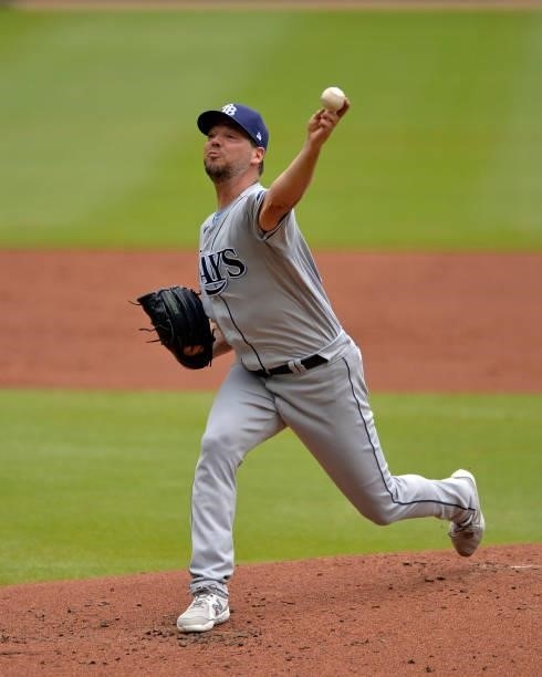 Rich Hill of the Tampa Bay Rays pitches in the second inning against the Atlanta Braves at Truist Park on July 18, 2021 in Atlanta, Georgia.