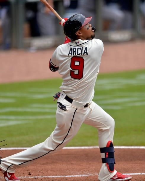 Orlando Arcia of the Atlanta Braves bats in the second inning against the Tampa Bay Rays at Truist Park on July 18, 2021 in Atlanta, Georgia.