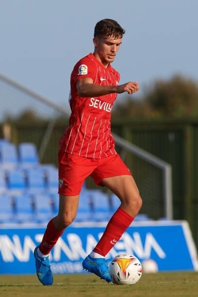 Juanmi of Sevilla in action during a pre-season friendly match between Sevilla CF and Coventry City at Pinatar Arena on July 17, 2021 in Murcia,...
