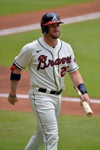 Stephen Vogt of the Atlanta Braves walks back to the dugout after his first at-bat as an Atlanta Brave in the second inning against the Tampa Bay...