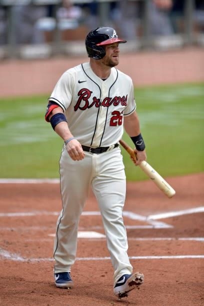 Stephen Vogt of the Atlanta Braves walks back to the dugout after his first at-bat as an Atlanta Brave in the second inning against the Tampa Bay...