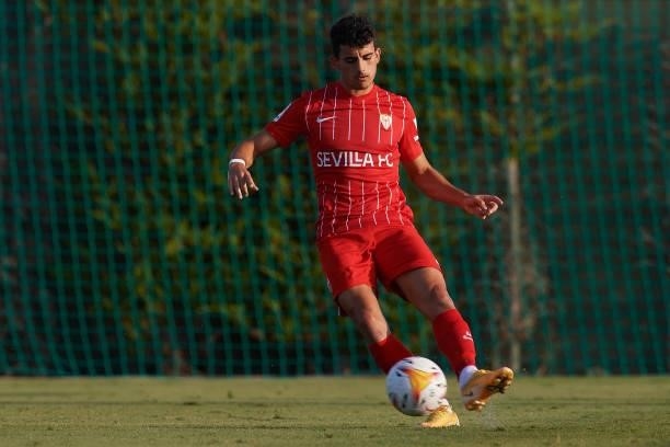 Pablo Perez of Sevilla does passed during the pre-season friendly match between Sevilla CF and Coventry City at Pinatar Arena on July 17, 2021 in...