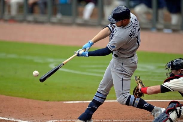 Austin Meadows of the Tampa Bay Rays bats in the sixth inning against the Atlanta Braves at Truist Park on July 18, 2021 in Atlanta, Georgia.