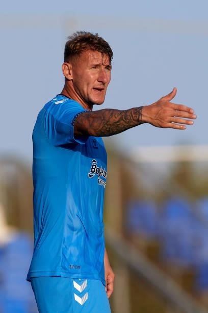 Kyle McFadzean of Coventry City gives instructions during the pre-season friendly match between Sevilla CF and Coventry City at Pinatar Arena on July...