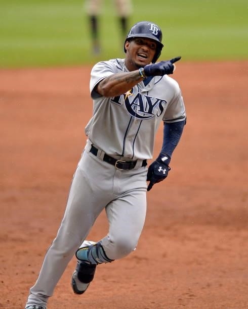 Wander Franco of the Tampa Bay Rays rounds third base after hitting a home run in the sixth inning against the Atlanta Braves at Truist Park on July...