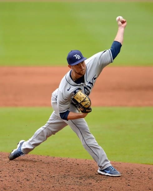 Jeffrey Springs of the Tampa Bay Rays pitches in the sixth inning against the Atlanta Braves at Truist Park on July 18, 2021 in Atlanta, Georgia.