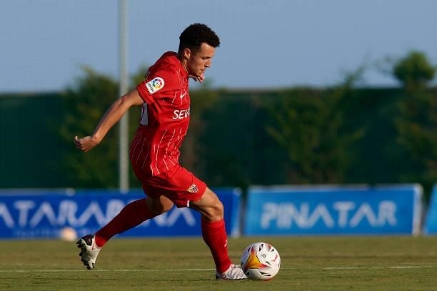 Oussama Idrissi of Sevilla in action during the pre-season friendly match between Sevilla CF and Coventry City at Pinatar Arena on July 17, 2021 in...