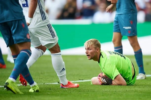 Goalkeeper Jacob Rinne of AaB Aalborg in action during the Danish 3F Superliga match between FC Copenhagen and AaB Aalborg at Parken Stadium on July...