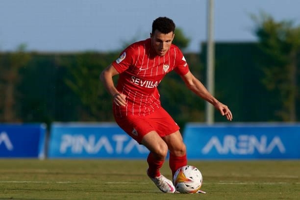 Oussama Idrissi of Sevilla in action during the pre-season friendly match between Sevilla CF and Coventry City at Pinatar Arena on July 17, 2021 in...