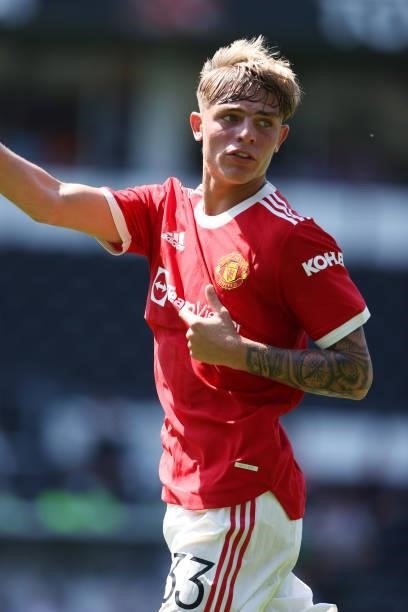 Brandon Williams of Manchester United during a pre-season friendly between Derby County and Manchester United at Pride Park on July 18, 2021 in...