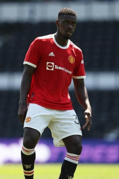 Axel Tuanzebe of Manchester United during a pre-season friendly between Derby County and Manchester United at Pride Park on July 18, 2021 in Derby,...