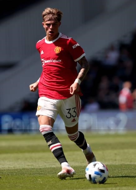 Brandon Williams of Manchester United during the pre-season friendly between Derby County and Manchester United at Pride Park on July 18, 2021 in...