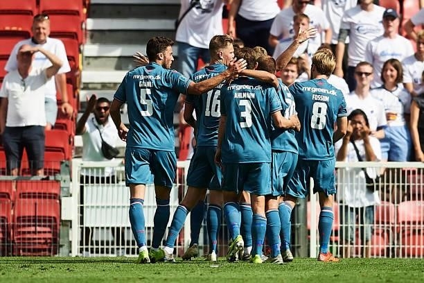 The players of AaB Aalborg celebrating the 0-1 goal of Louka Prip of AaB Aalborg during the Danish 3F Superliga match between FC Copenhagen and AaB...