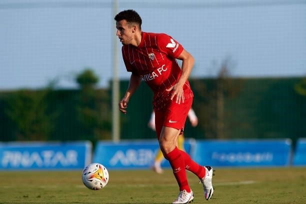 Oussama Idrissi of Sevilla runs with the ball during the pre-season friendly match between Sevilla CF and Coventry City at Pinatar Arena on July 17,...