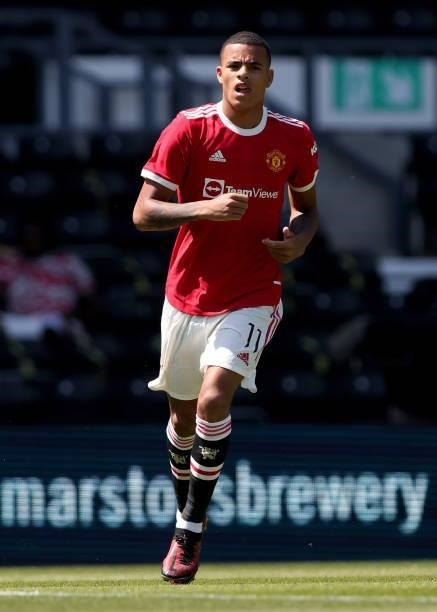 Mason Greenwood of Manchester United during the pre-season friendly between Derby County and Manchester United at Pride Park on July 18, 2021 in...