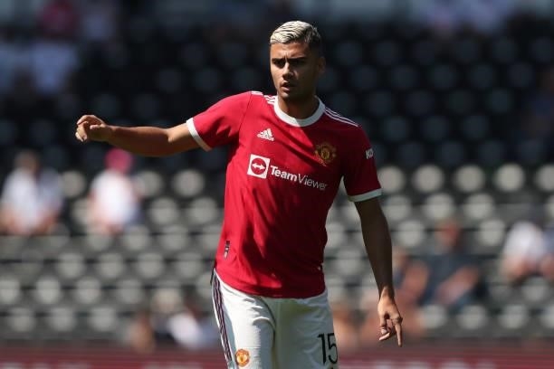 Andreas Pereira of Manchester United during the pre-season friendly between Derby County and Manchester United at Pride Park on July 18, 2021 in...