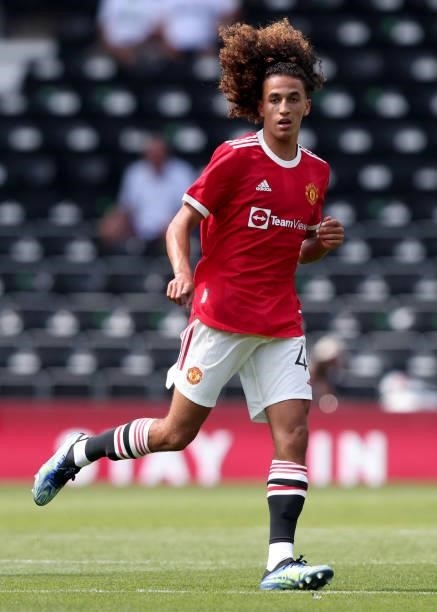Hannibal Mejbri of Manchester United during the pre-season friendly between Derby County and Manchester United at Pride Park on July 18, 2021 in...