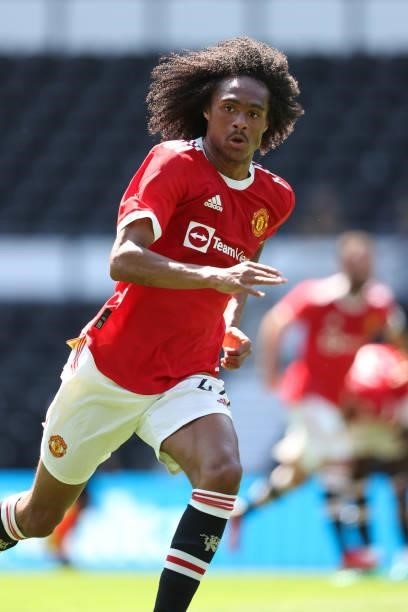 Tahith Chong of Manchester United during a pre-season friendly between Derby County and Manchester United at Pride Park on July 18, 2021 in Derby,...